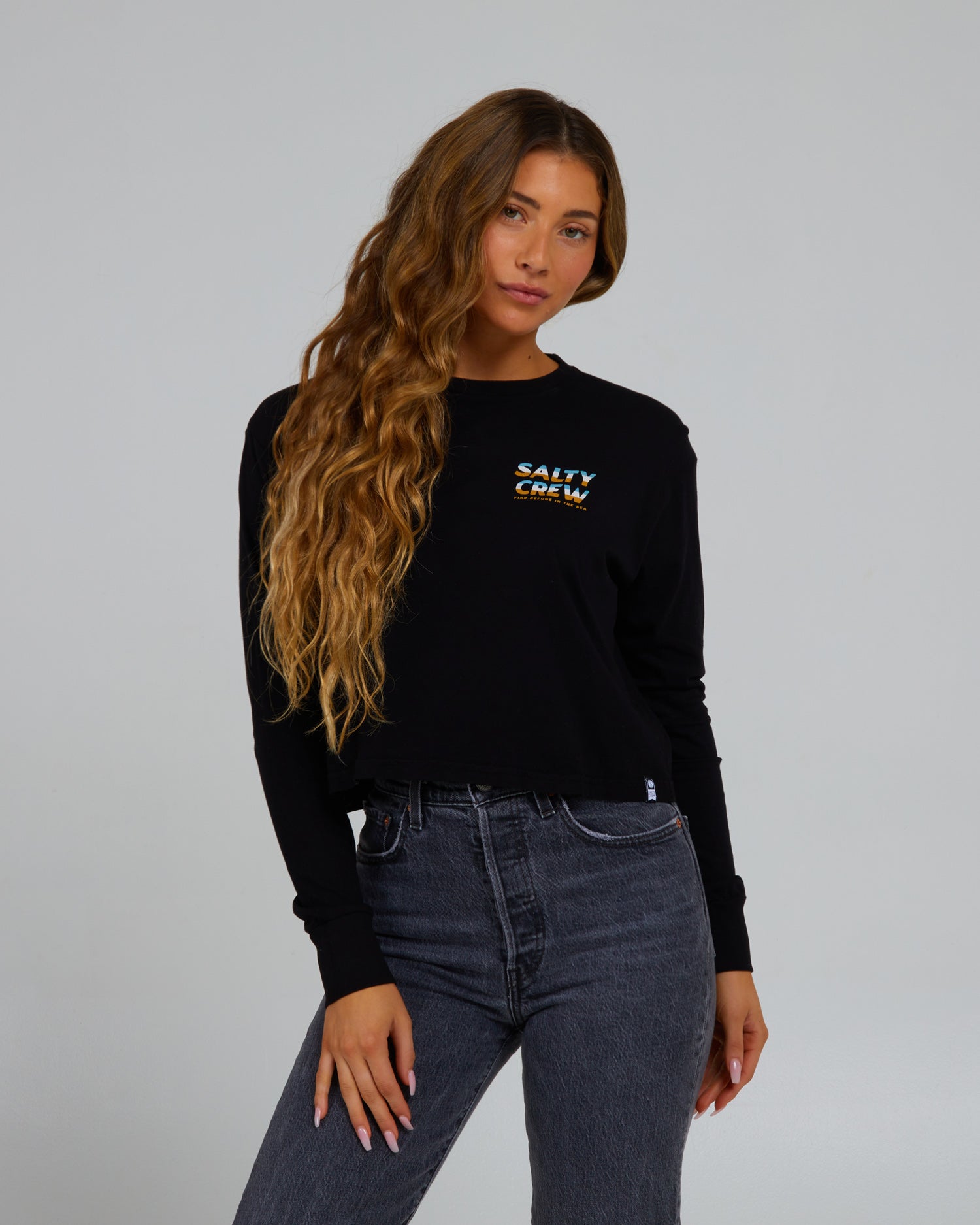 front view of Boardwalk Black L/S Crop