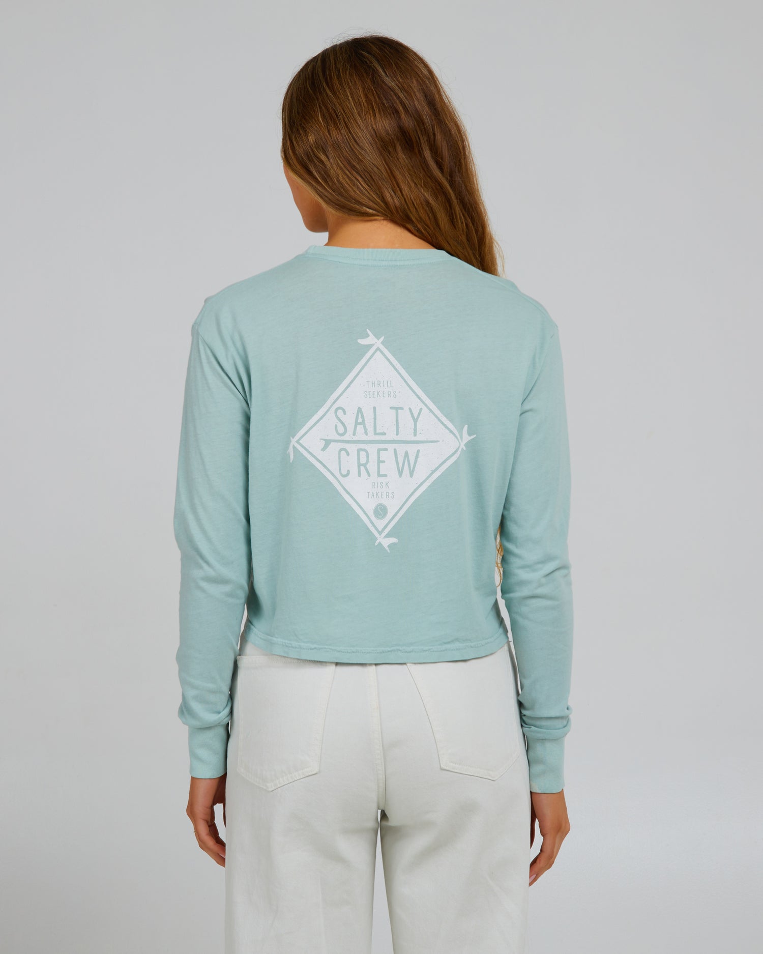 back view of Board Meeting Cloud Blue L/S Crop