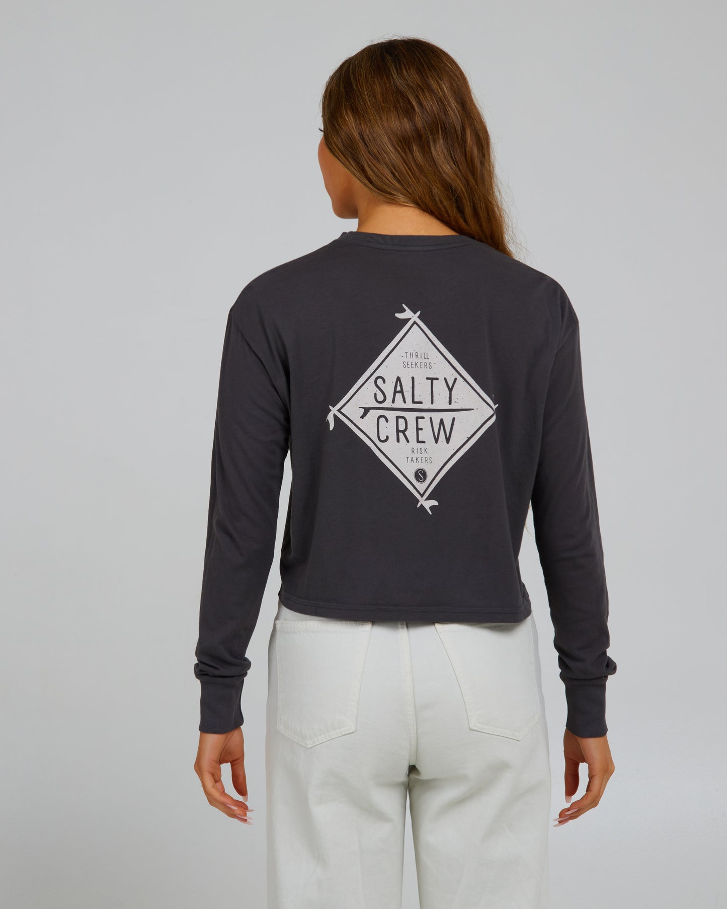 back view of Board Meeting Charcoal L/S Crop