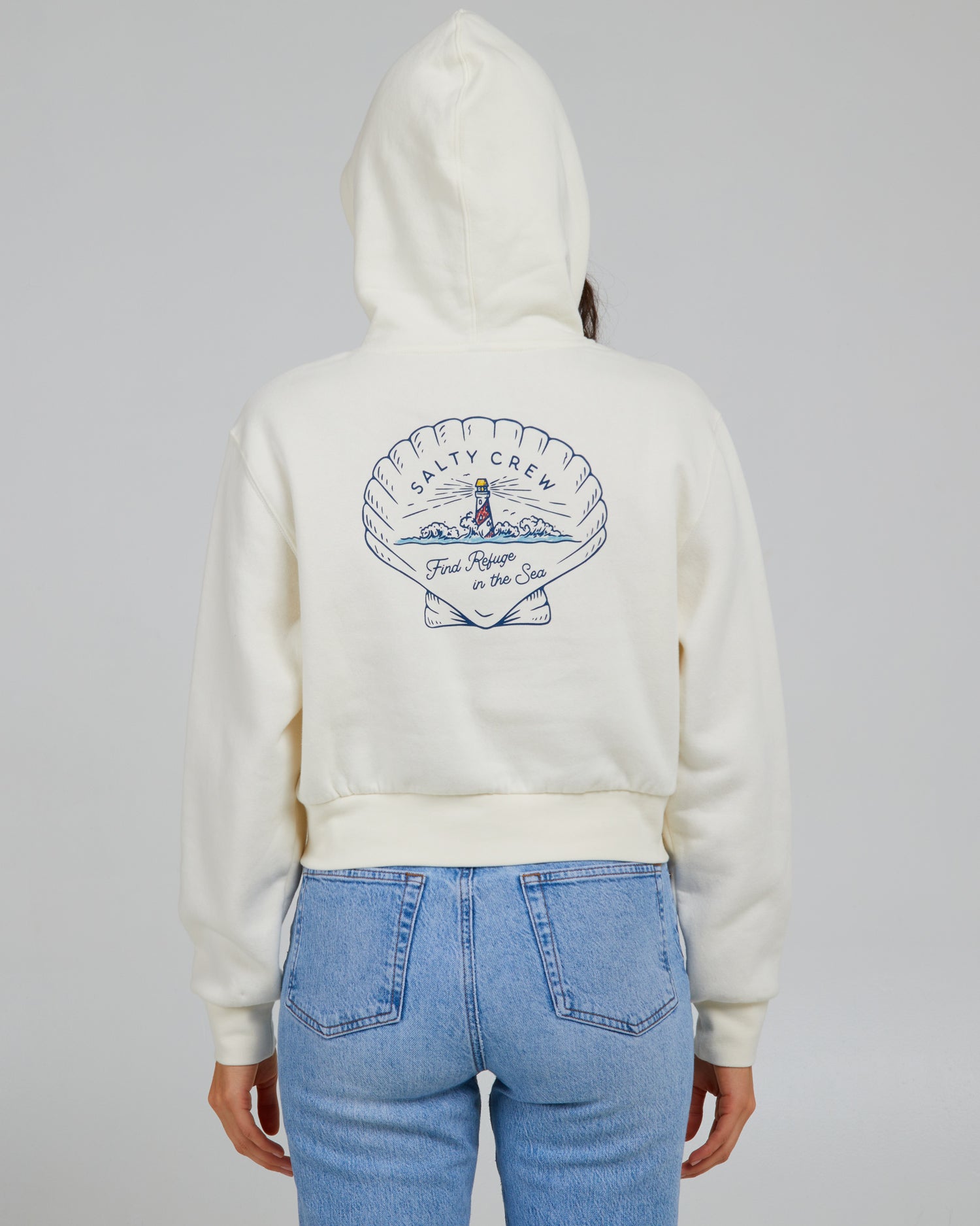 back view of Scallop Off White Crop Hoody