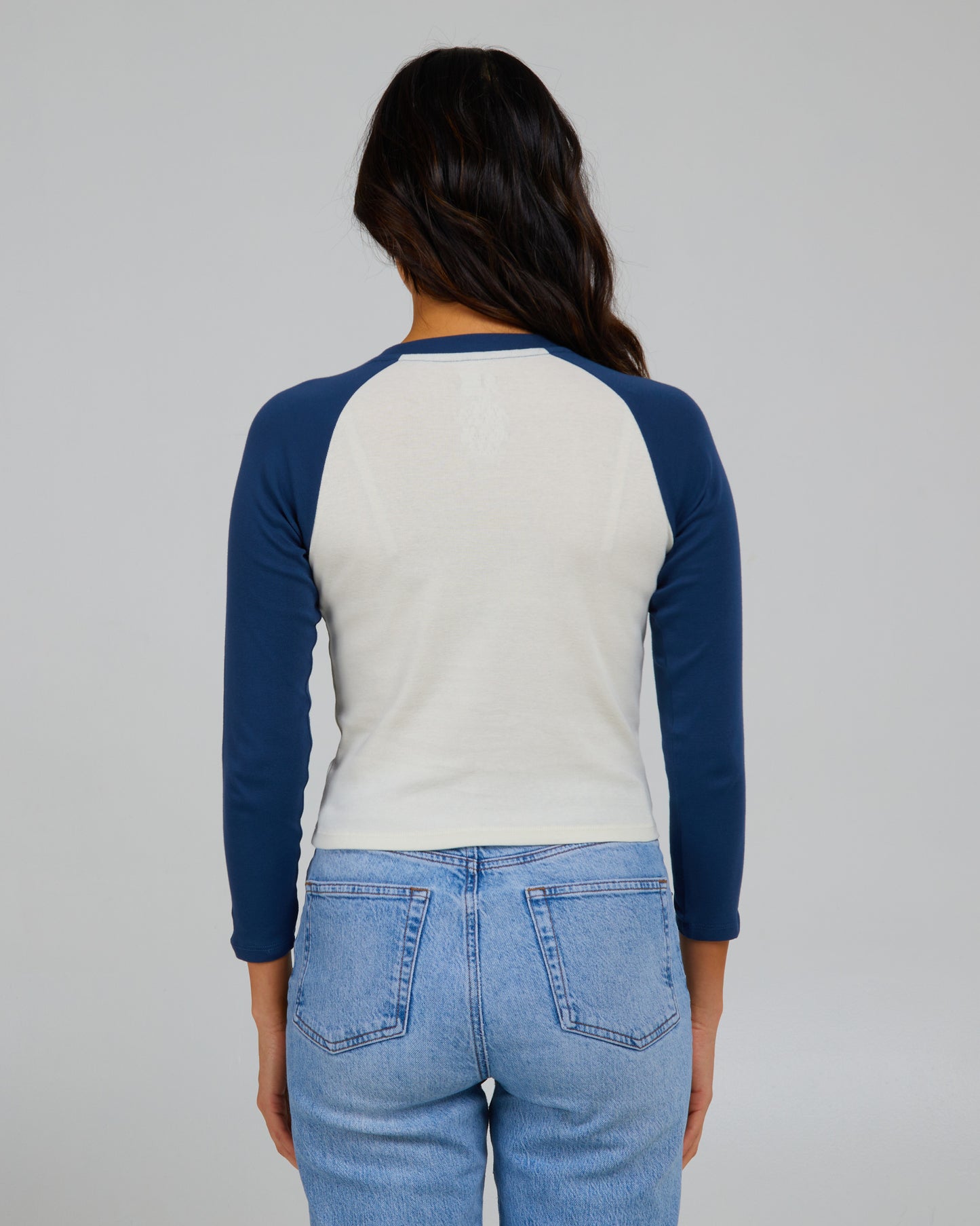 back view of Slack Shack Denim L/S Raglan