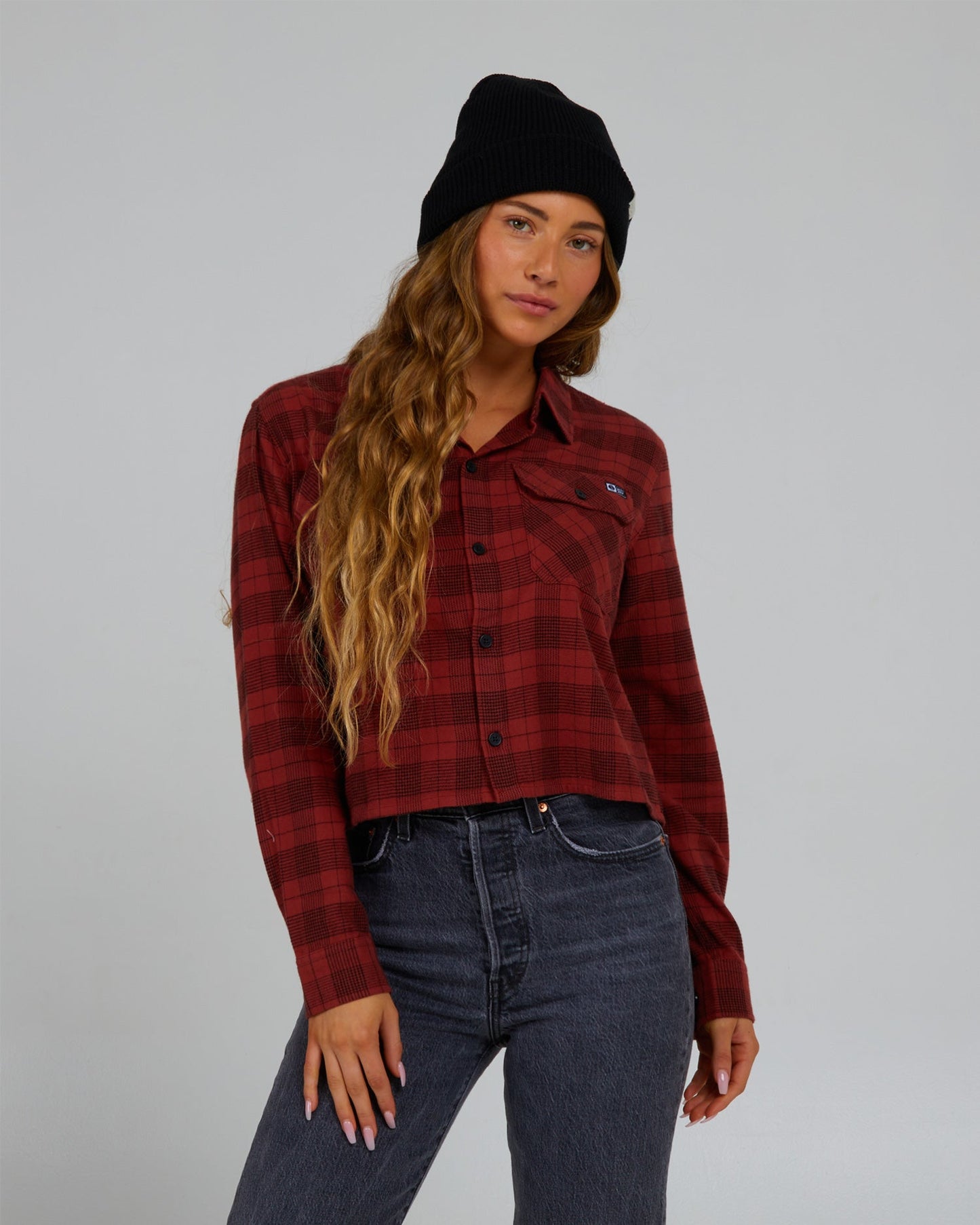 front view of Stay Golden Baked Apple Crop Flannel