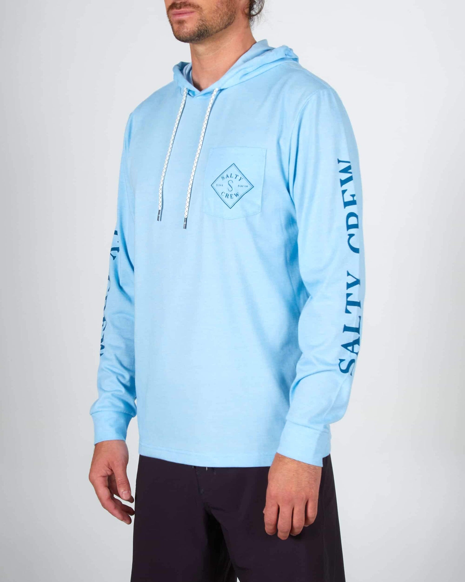 Salty crew TECH TEES TIPPET POCKET HOOD TECH TEE - LIGHT BLUE in LIGHT BLUE